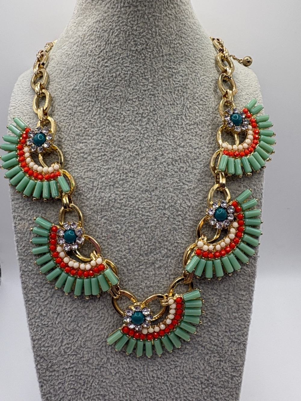 Gold-Tone Fan Statement Necklace with Mint and Coral Beads Link Rhinestones
